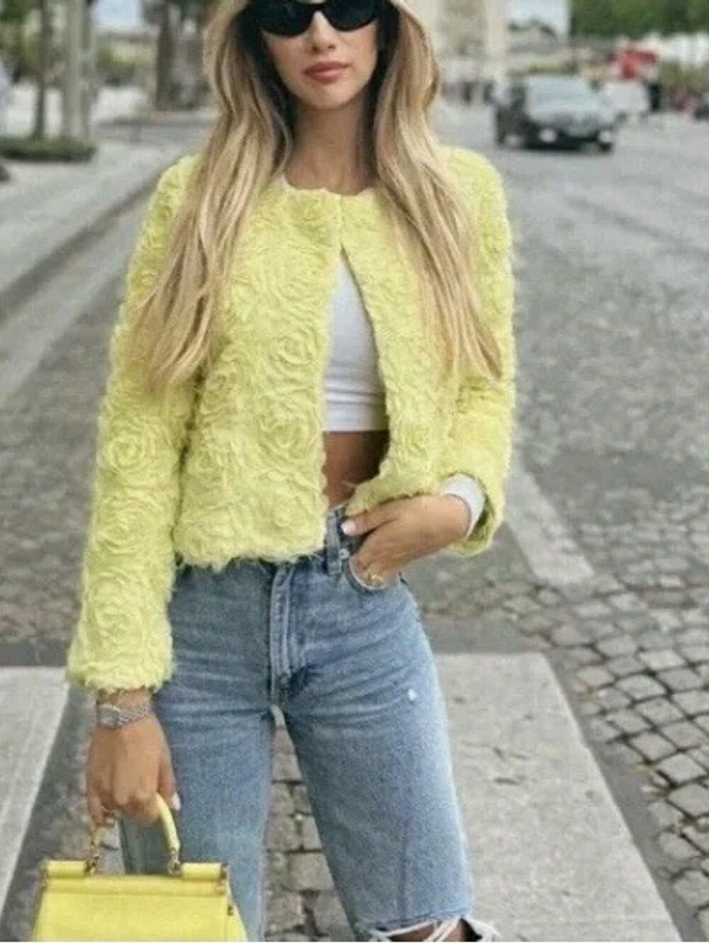 NWOT Zara Textured Floral Cardigan Lime Green Jacket